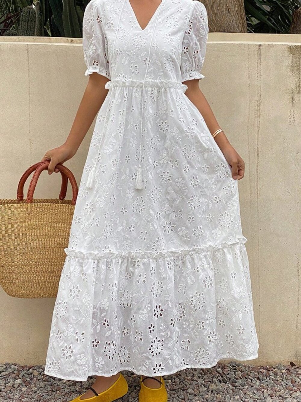 Ivory White Boho Women's Hollow Out Frill Trim Tie Waist Long Puff Sleeve Dress - Picture 3 of 7